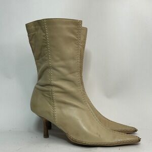 Luichiny Womens 8 Beige Leather Pointed Toe Kitten Heel Boots Whipstitch Witchy